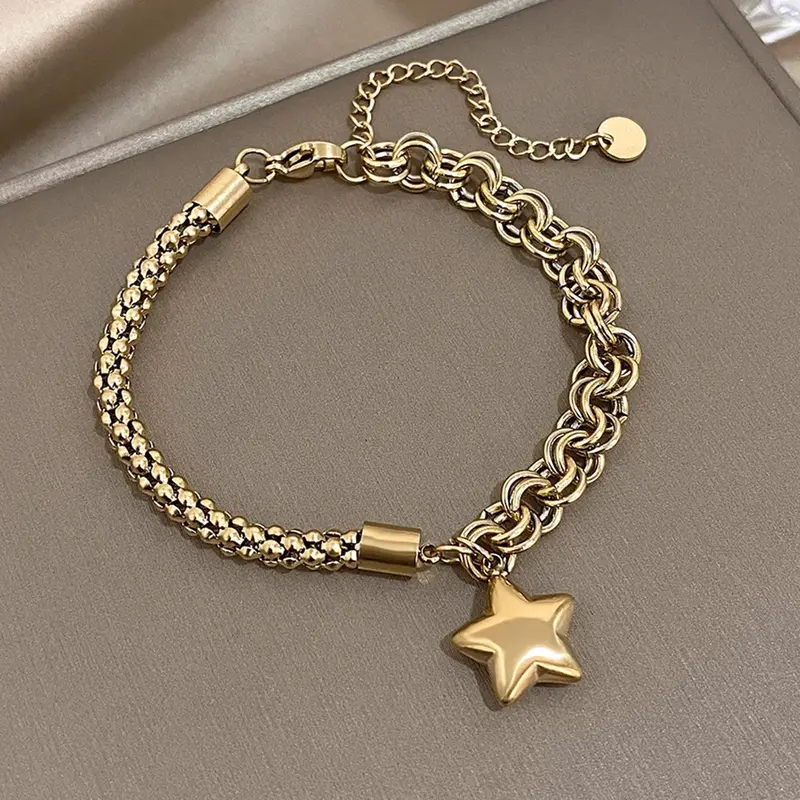 AENSOA Punk Chunky Double Thick Chain Stainless Steel Bracelets for Women Fashion Golden Heart Love Buckle Pendant Wrist Jewelry 6