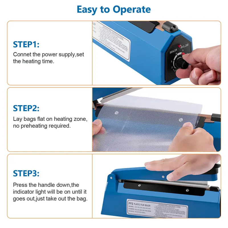 Impulse Heat Sealer Plastic Bag Film Food Sealing Machine - 200/300/400mm 3