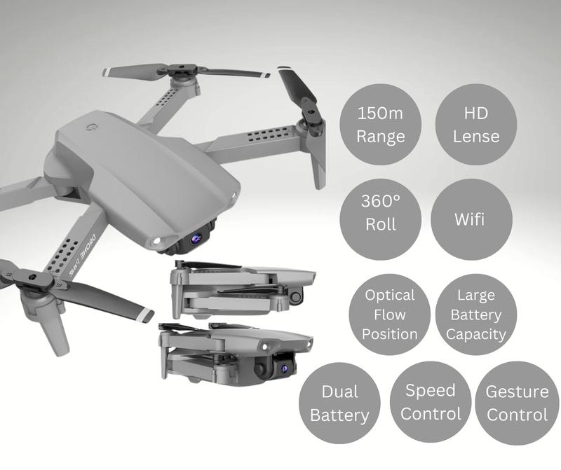 "Trendi E99 Foldable Quadcopter Drone with 360° Roll and Dual HD Lenses - Includes Cameras, Accessories, and Folding Charging Crystal Drones." 2