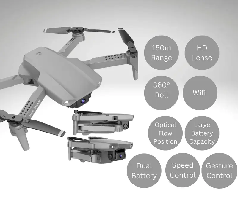 "Trendi E99 Foldable Quadcopter Drone with 360° Roll and Dual HD Lenses - Includes Cameras, Accessories, and Folding Charging Crystal Drones." 2