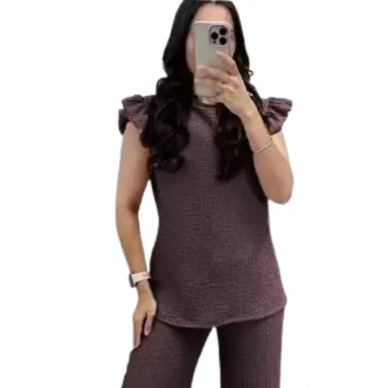 Women's Loungewear- Pop Corn Fabric Frill Short Sleeve Top and Palazo Trousers - UK Size 8-20 -Comfortable Set Womenswear 8