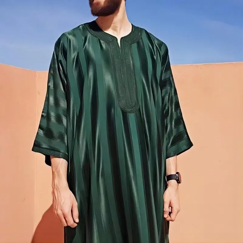 Moroccan Robe Men's Embroidery Arab Youth Dark Green Muslim Robe Men 0