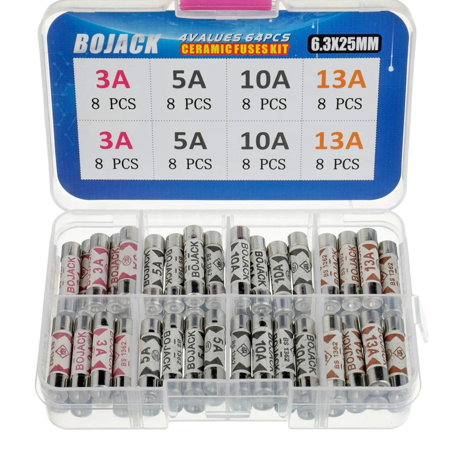 4 Values 64 pcs 3 5 10 13 A amp 240 V Volt Household Mains Plug Fuse 6.3x25 mm 0.25x1Inch BS1362 Ceramic Tube Cartridge Fuses Assortment Kit packag in a Clear Plastic Box