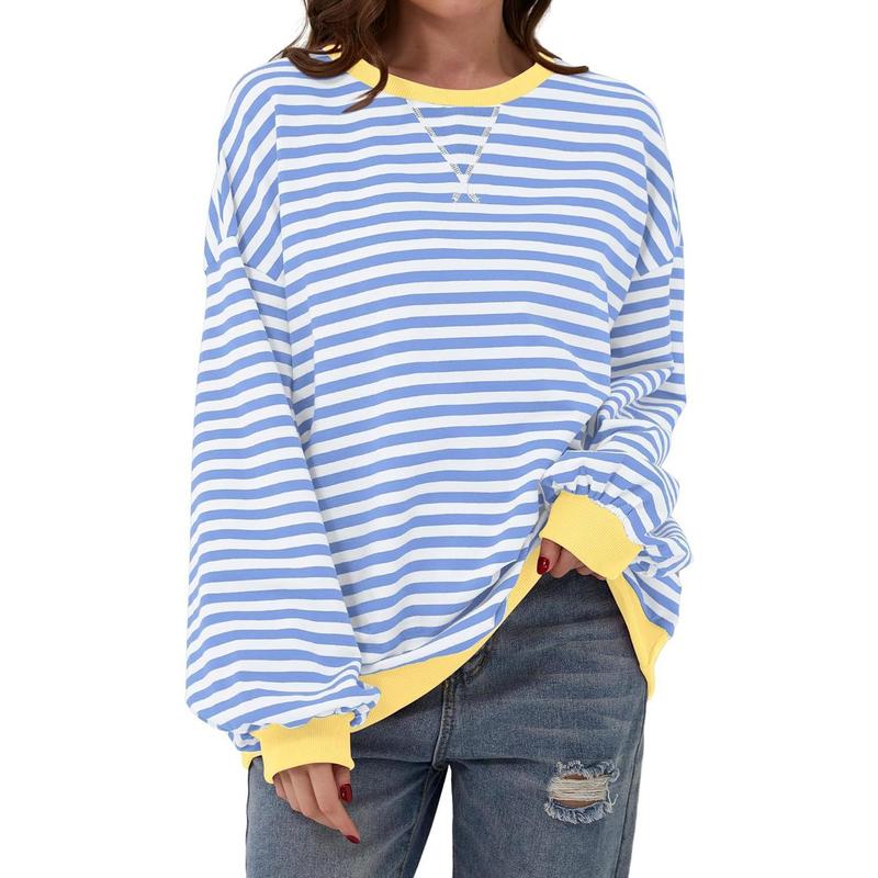 Women's Colorblock Striped Print Contrast Binding Drop Shoulder Sweatshirt, Casual Long Sleeve Round Neck Pullover for Fall & Winter, Ladies Clothes for Daily Wear, Tops for Women Womenswear Hoodie Bridal Comfort Crewneck Baggy Loose 6