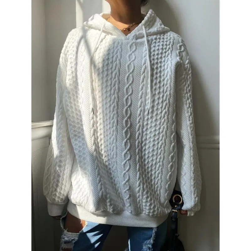 Plus Size Casual Hoodie, Women's Plus Solid Ribbed Long Sleeve Slight Stretch Hoodie Drawstring Sweatshirt Womenswear Tops Comfort Pullover Basic Minimalist 4