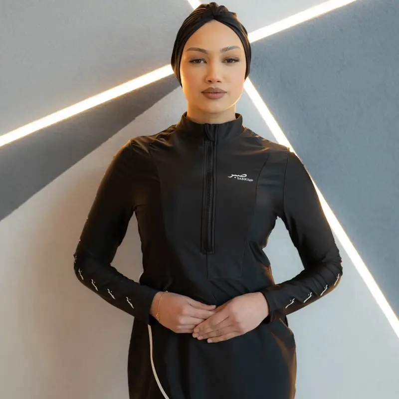 Sabrluxe 3pc Jet Black Modest Swimwear Set With Wide Leg Swim Trousers and Swim Turban for Women 6