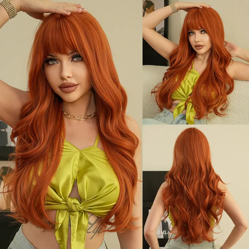 Orange Synthetic Wig Fashion Women Natural Air Bangs Big Waves Long Curly Hair Daily Party Use Full Head Cover 0