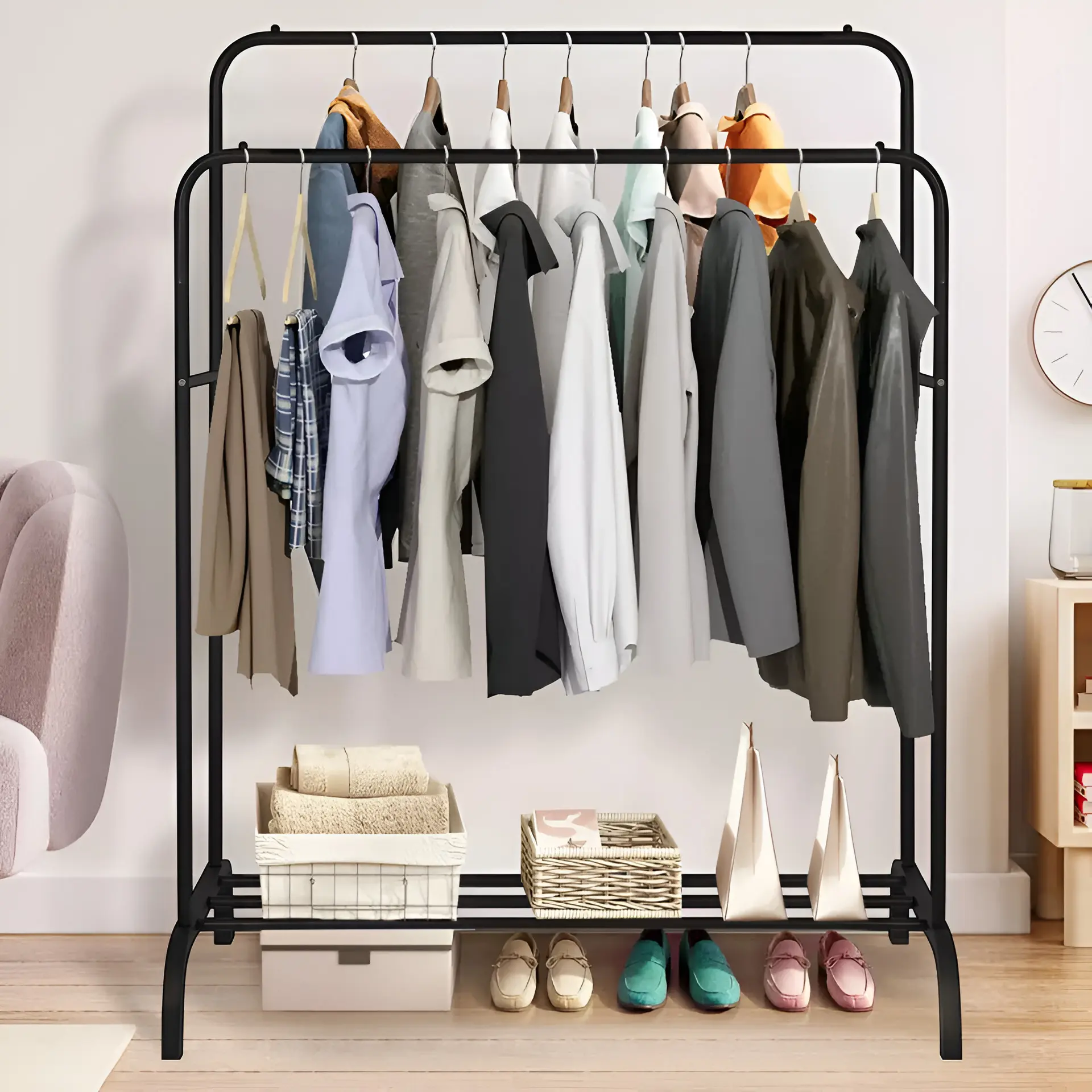 Heavy Duty Double Clothes Rail Hanging Rack Garment Display Stand Shoes Storage Organiser - Decor Hangable