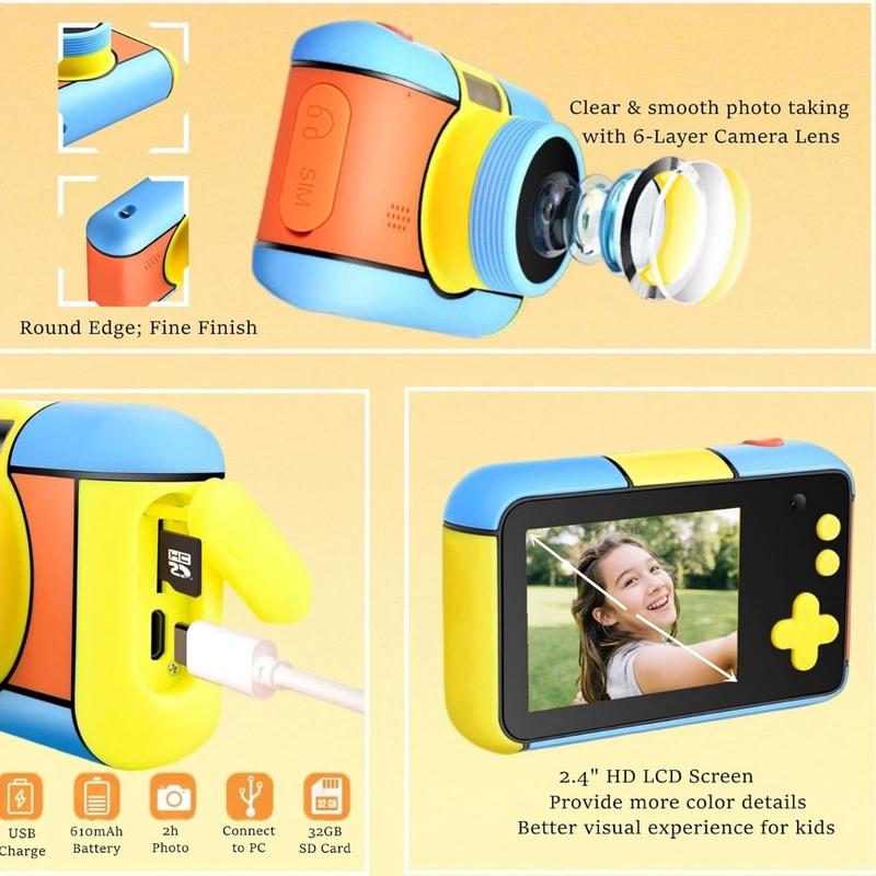 Kids Digital Camera Selfie Camera for Kids Children 3-10 Years 1080P FHD Video Camera Cam with 2.4” LCD, 32GB Card, 4X Zoom, Filters, Kids Camera Gift for Boys Girls 3 4 5 6 7 8 9 10 Years Portable Rechargeable Birthday Screen 4