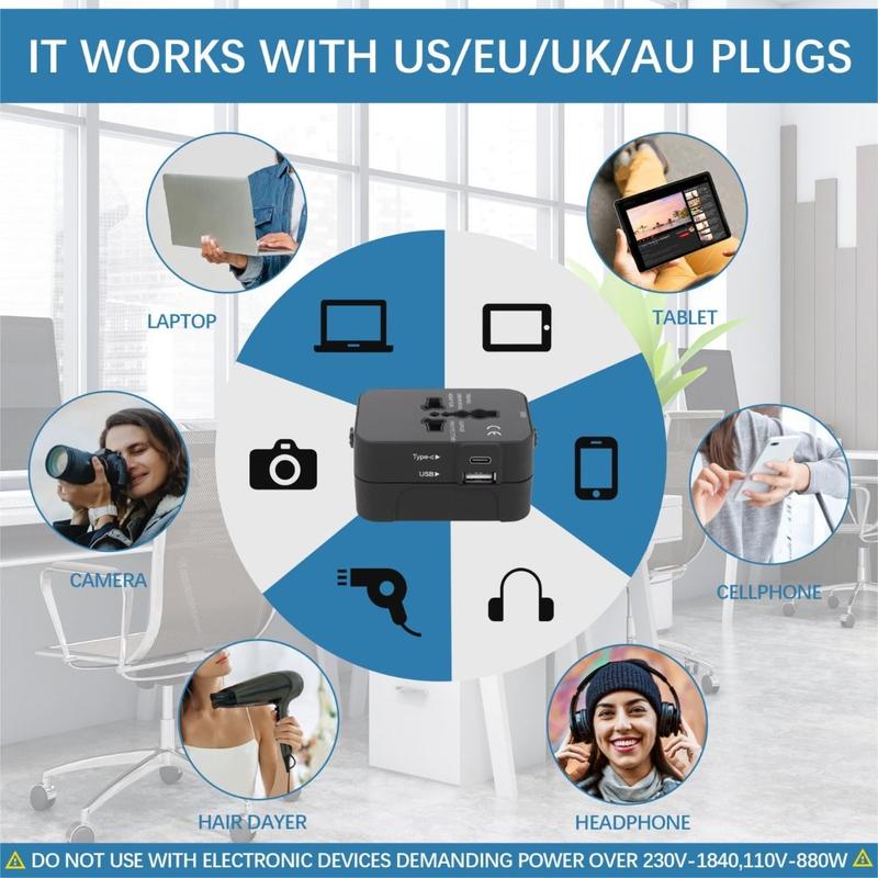 Universal Travel Adapter With USB & Type-C Ports -    US, UK, EU and AU  Fast, Safe and Compact Charger for International Travel Durable Device perfect for charging Tablet, Cellphone, Mobile and More Plug Portable Electronic Socket Protection 7