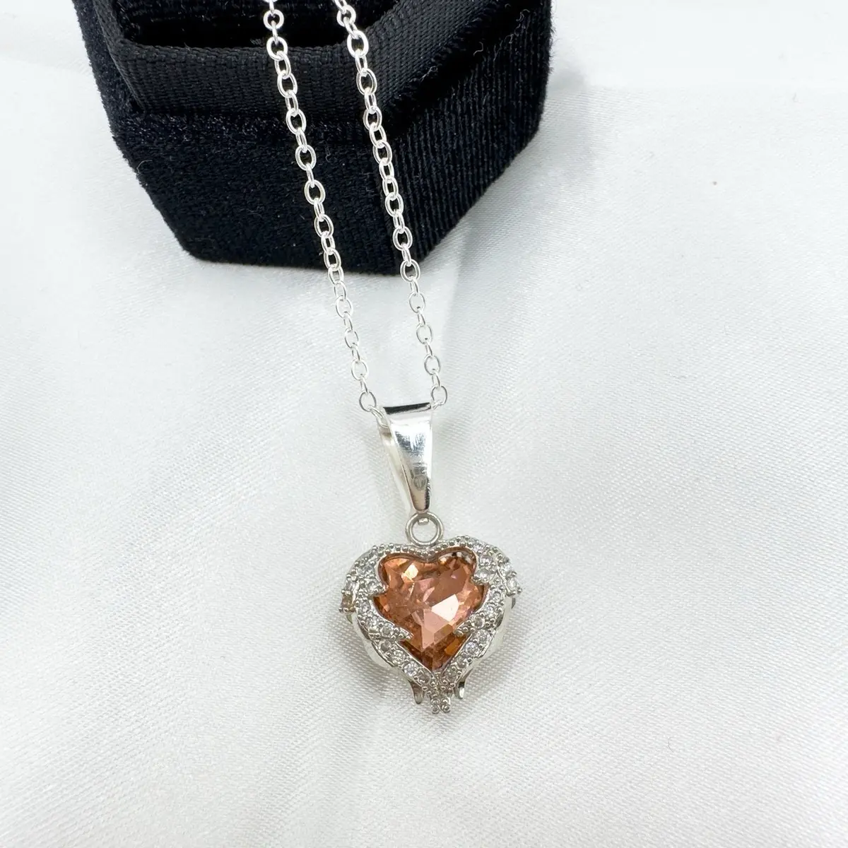 Pink Heart Shape Necklace With Silver Chain