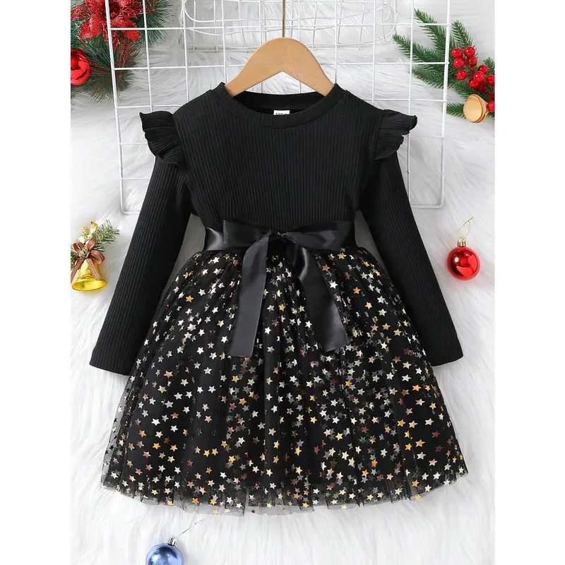 Young Girl Ruffle Trim Contrast Star Mesh Hem Belted Dress 0