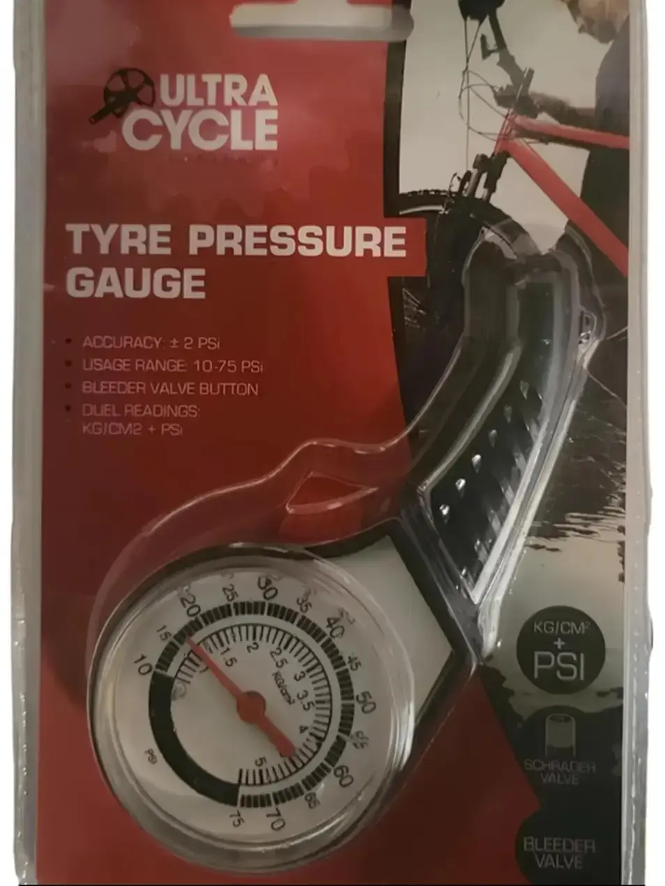 Ultra Cycle Tyre Pressure Gauge for Automotive & Motorcycle Inspection and Maintenance | Dual KG/cm² and PSI Readings | Schrader Valve Compatibility