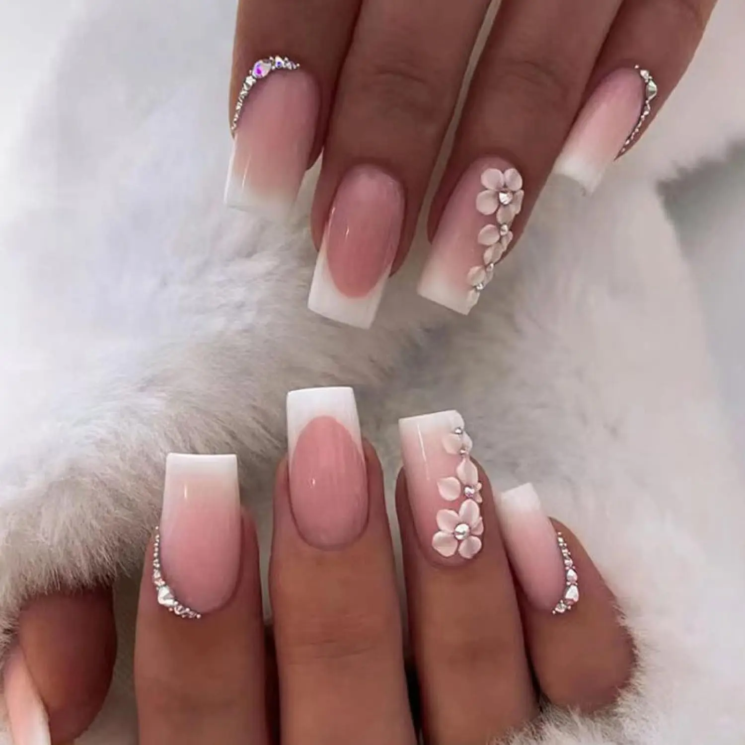 24pcs French False Nails with Rhinestones, Square Press on Nails for Women and Girls - Nail Art Accessories - Manicure, Polish