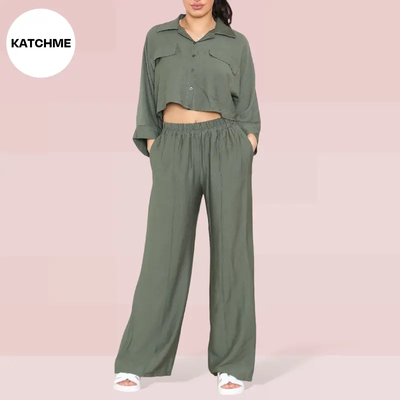 KatchMe Women's Versatile Long Sleeve Button Crop Top & Elastic Waist Pocket Trousers Co-ord,Lady Two-Piece Outfit for Womenswear,Plain Co-ord Set 2