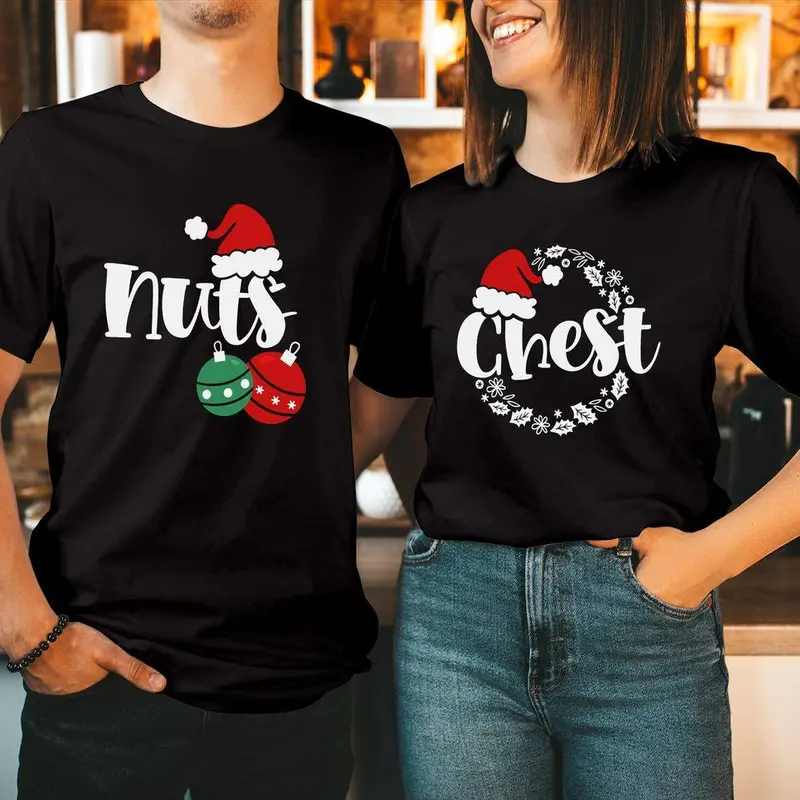 TSHIRT CHEST NUTS Christmas Matching Couple Chestnuts Santa Hat T-Shirt Gildan Heavy Cotton 2