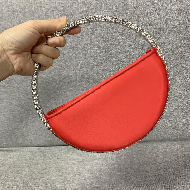 Product Introduction of New Arrival Trendy Women Chic Round Satin Crossbody Hand Bag with Round Bling Crystal Handle Evening Party Bag Purse 6