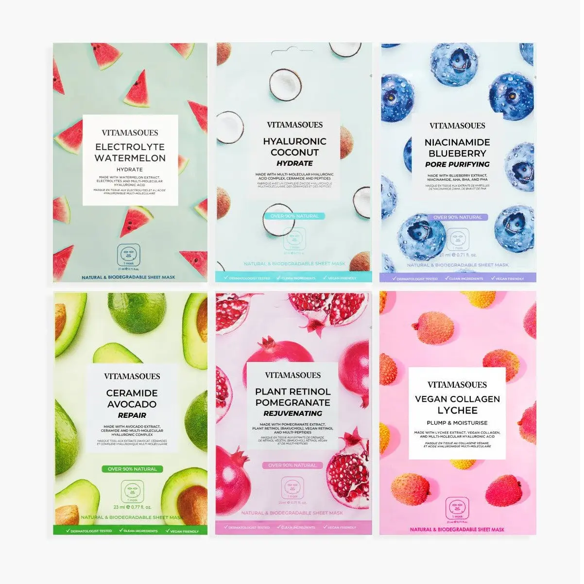 Vitamasques Juicy Face Sheet Mask Set | 6 to 18 Piece Sheet Mask Set for Soft, Hydrated and Glowing Skin | Targeted Treatments with Vegan-friendly formulas, Cruelty-free, Biodegradable Sheet Masks for Skincare that gives a Radiant finish