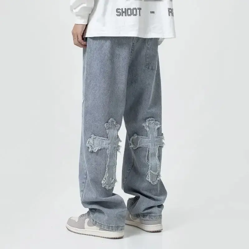 Trendy High-street Cross-stitch Jeans For Men Hip-hop Streetwear Straight-leg Loose-fit Wide-leg Long Pants Casual Scene Menswear Trouser 0