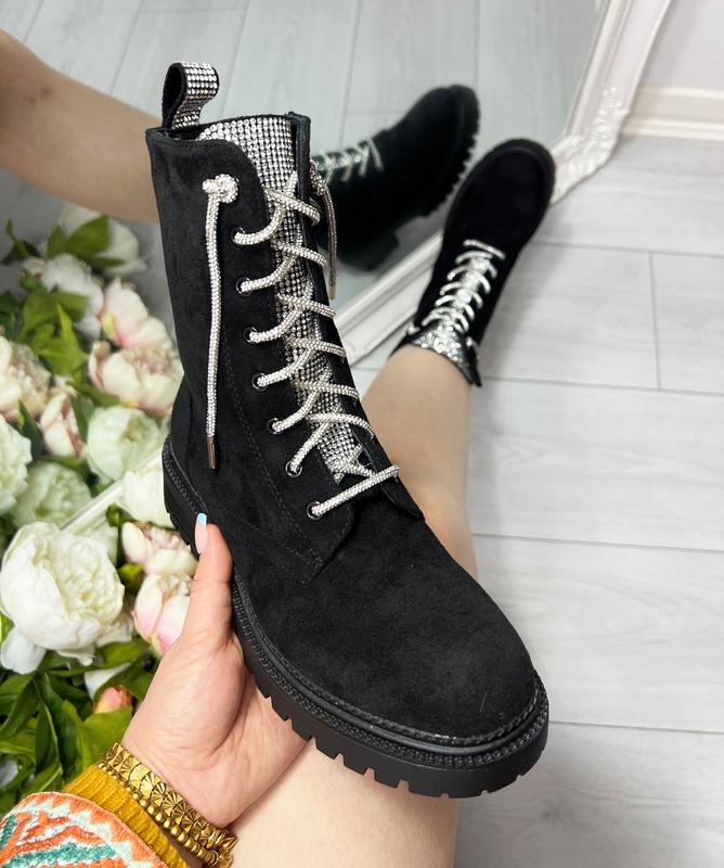 Womens Ladies Diamante Lace Up Ankle Boots Low Block Heel Zipped Winter Boots Shoes Size 2