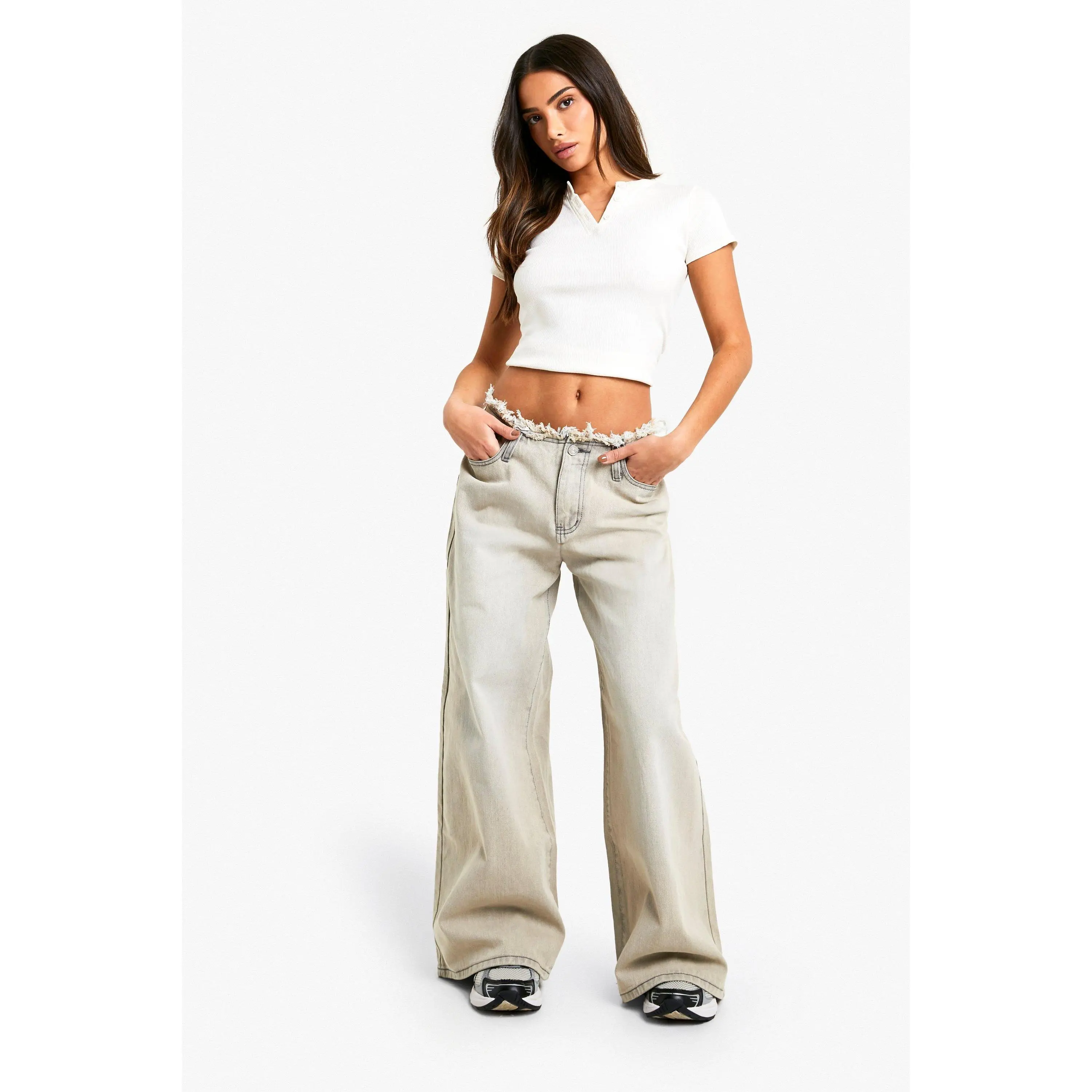 Petite Raw Waistband Wide Leg Jeans