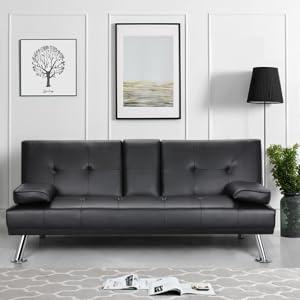Product Introduction of Yaheetech Click Clack Sofa Bed Faux Leather 3 Seater Sofa Couch Living Room/Spare Room/Guest Room Bed Settee With Cup Holders Black 9