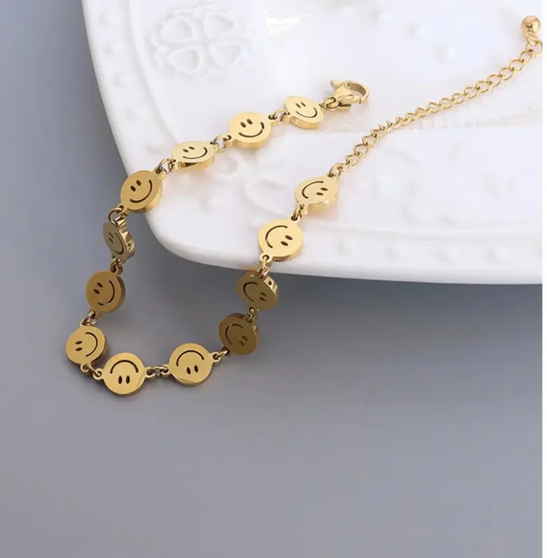 Smiley Face Stacking Bracelets, Silver Smiley Face Bracelet, 18k Gold Plated or Original Color Bracelets, No-Fading, Waterproof, Gift for her 1