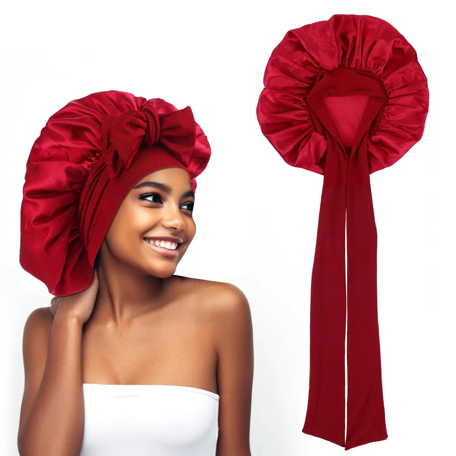 Silk Sleep Bonnets for Women, 1PC Adjustable Satin Night Sleeping Cap Soft Elastic Band Silk Bonnets for Sleeping, Hair Bonnet with Tie Band for Curly Hair Braid Women (Wine Red)