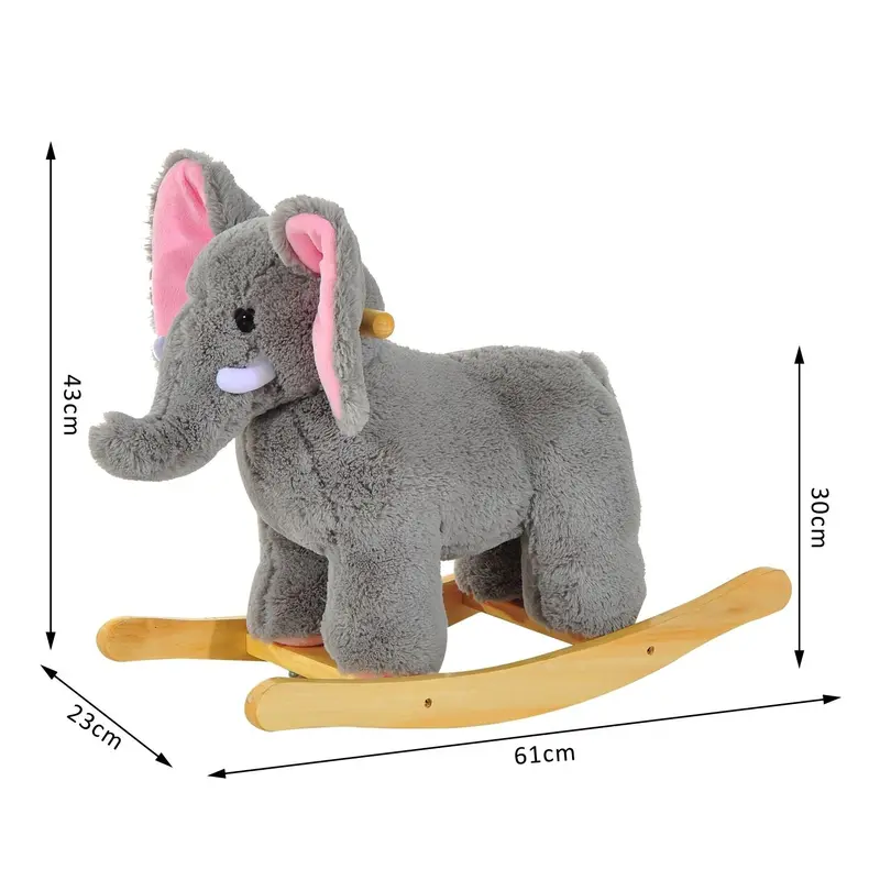 HOMCOM Kids Children Rocking Horse Plush Ride on Animal Wooden Riding Traditional Rocker Gift w/32 nursery rhymes (Grey Elephant) 2