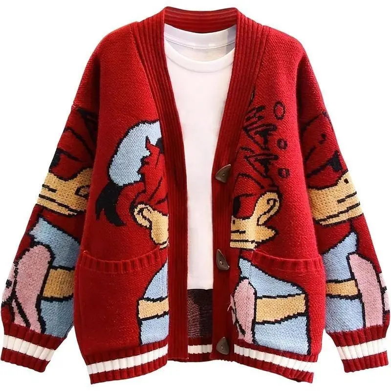 Womens Cute Embroidery Cartoon Duck Cable Knit Cardigans Sweater Button Down Slouchy Wool Blend Coat 2