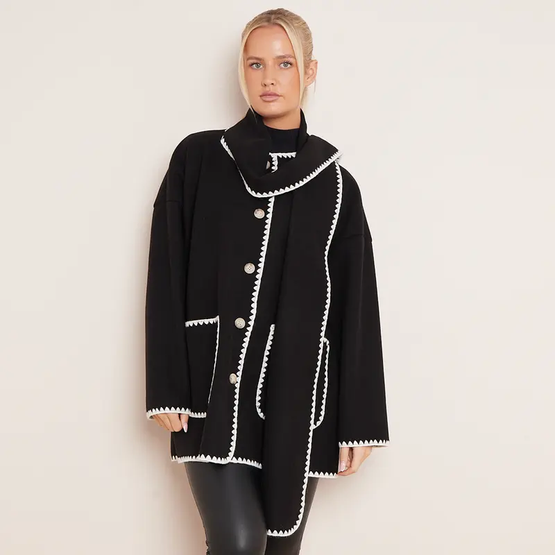 Women's Casual Tori Wool Like Contrast Trim Scollop Stitching Tailored Jacket Scarf Coat One Size UK 8 - 14 5