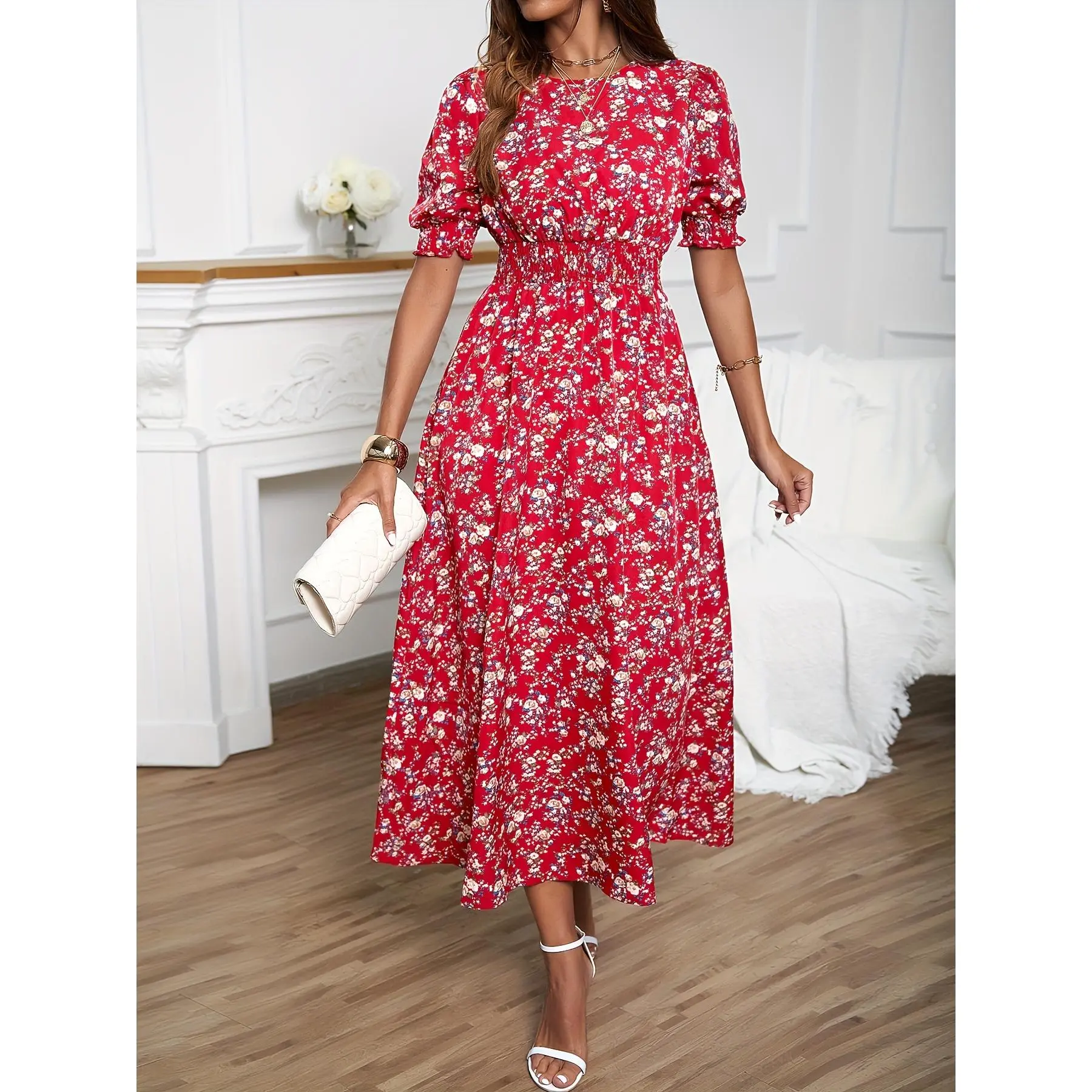 Floral Print Crew Neck Dress, Elegant Puff Sleeve Shirred Dress For Spring & Summer, Women's Clothing Casual Womenswear