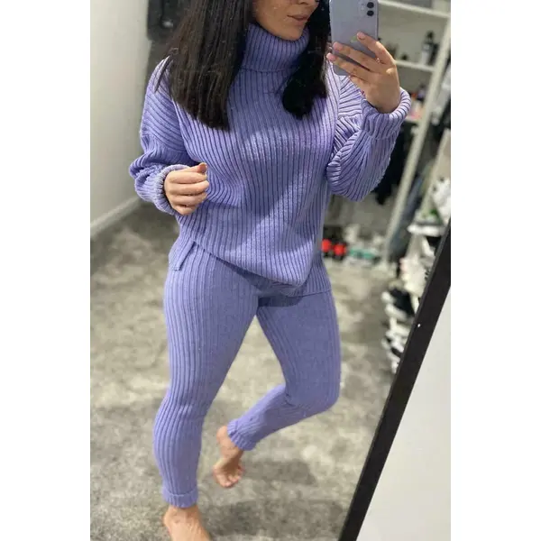 Chic Chunky Knitted Polo & Leggings Loungewear Set - Cozy Style Redefined!