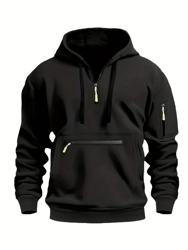 Men's Solid ColorHalf-Zip Design Long Sleeve Casual Hooded Sweatshirt With Kangaroo Pocket For Fall/Winter Casual Daily Wear 0