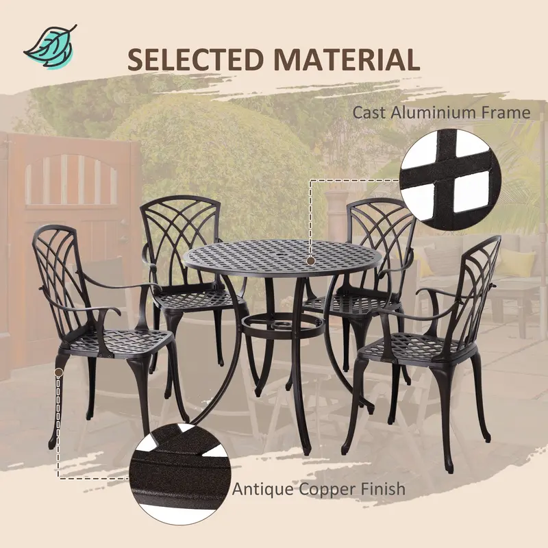 Cast Aluminium 4-Seater Outdoor Garden Table & Chair Set Brown 6