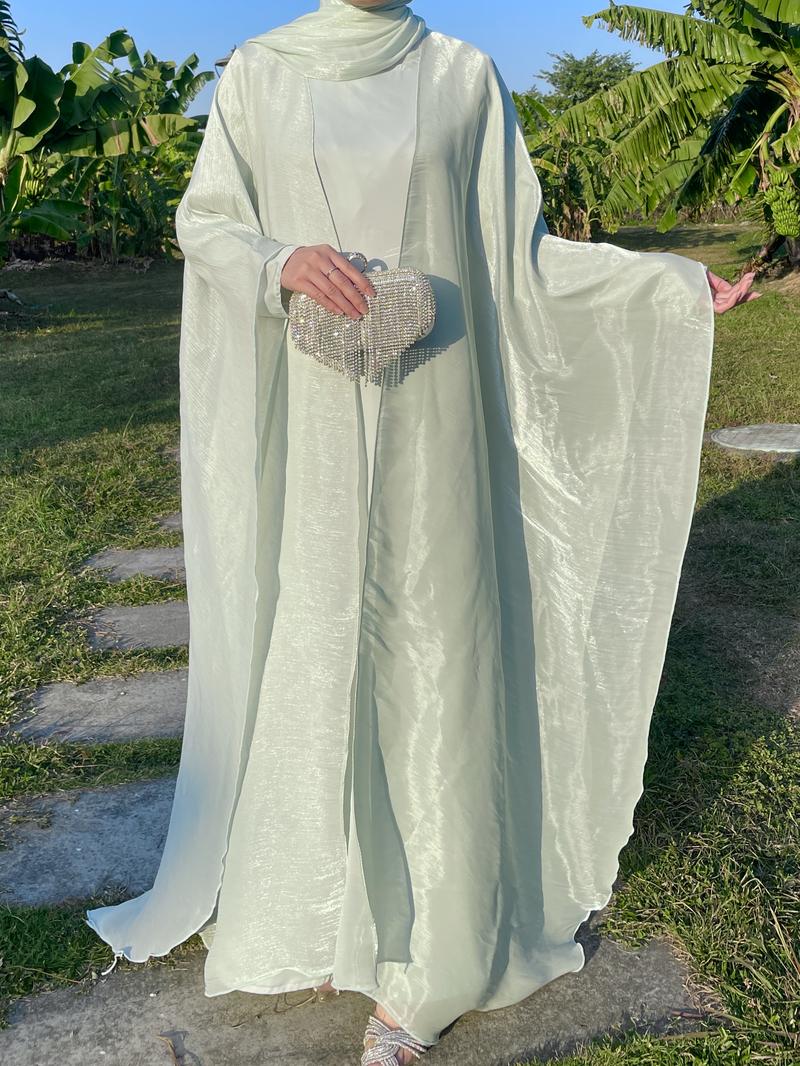 Product Introduction of #LY06  Ramadan Promotion Three-piece Elegant butterfly organza abaya set, shimmer abaya set with inner dress and hijab 10