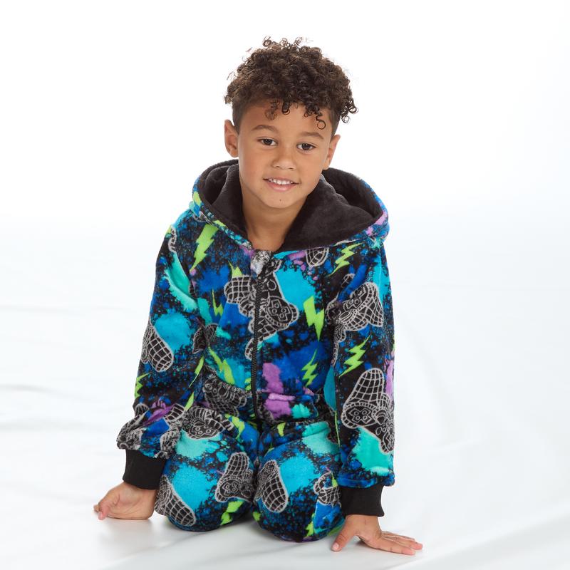 Product Introduction of Kids All in One Pyjamas Cosy Fleece Gamer Print 3-6 Years Hooded One Piece Onesie UK 4