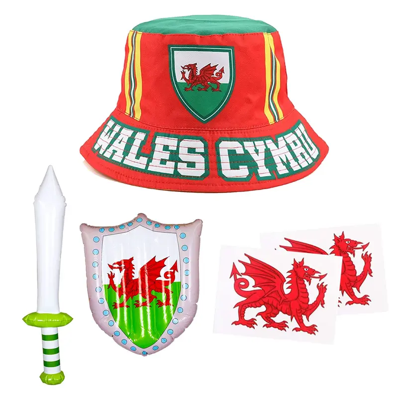 Wales Supporter Set - Stylish Welsh Bucket Hat, Inflatable Sword & Shield Accessories for Events Masks CYMRU Menswear Outfit Clothes Costumes 0