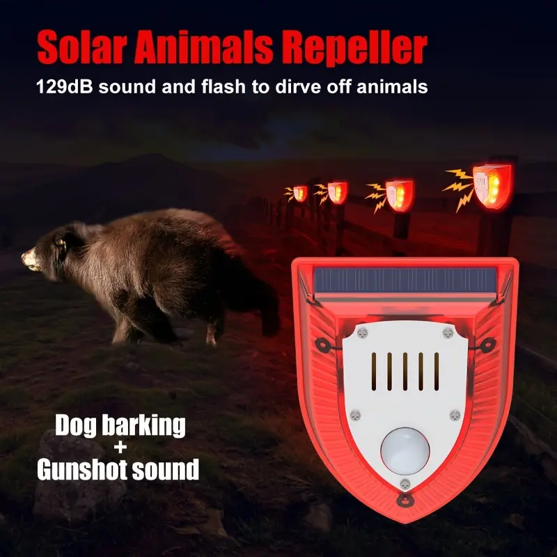 1pc Solar-Powered Motion Sensor Alarm, 129dB Siren & Dog Barking Sound Alert, 6 Red LED Flash Warning Strobe Light, Security System For Farm, Villa, Home, Yard, Barn, Outdoor Safety, PIR Sensor, Within 157.48inch Range 6