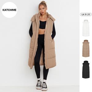 KatchMe Solid Color Stylish Hooded Waist Tie Cotton Gilet(6-16UK),Plain Sleeveless Zip-Up Side Pockets Long Vest,Outerwear Jacket,Basic Womenswear
