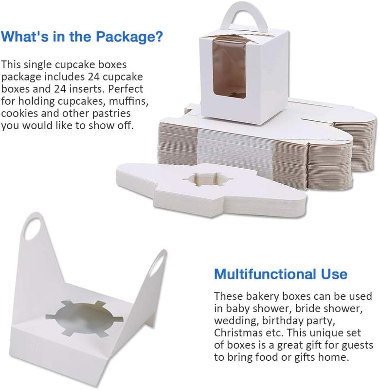24 Pieces Single Cupcake Boxes, Cake Boxes with Window, Cupcake Carrier with Inserts, Individual Bakeware Set Utensils 3