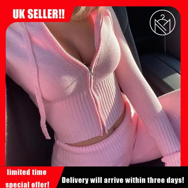 [mistboy] UK 2025 new knitted hooded women's fashion high-waisted two-piece set Womenswear Overalls Suits Underwear Comfort Long Sleeve Lady Basic Minimalist Short Longsleeves Clothes Gamis 3