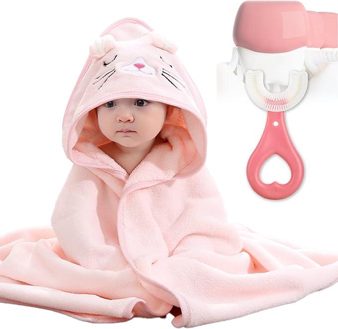 Product Introduction of 2PCS Hooded Baby Towel, Baby Bath Towel, Bathing Towel for Kids Babies, Unique Animal Design, Soft Absorbent, for Newborn Baby Boy and Girl (pink) 2