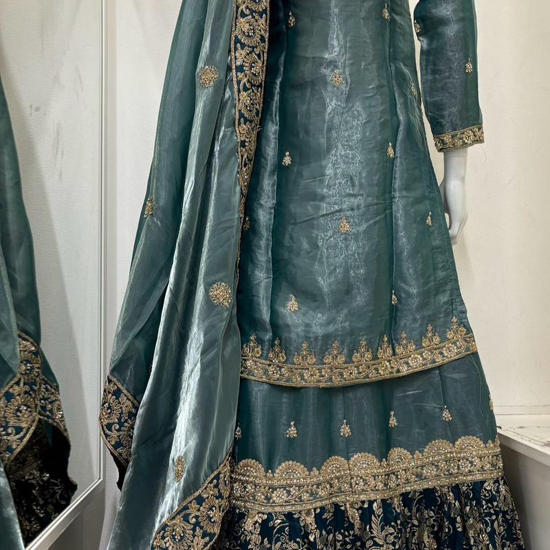 Teal colour Embroidered Farshi Lengha Suits for Women - Gul Wedding Collection (3 Pieces) - Traditional, 3