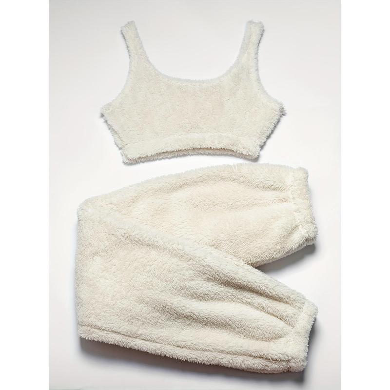 Solid Fuzzy Lounge Set, Warm Tank Crop Top & Elastic Waistband Pants, Women's Loungewear & Sleepwear 5