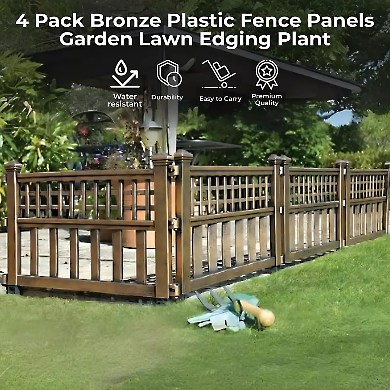 4 Pack Bronze Plastic Fence Panels Garden Lawn Edging Plant