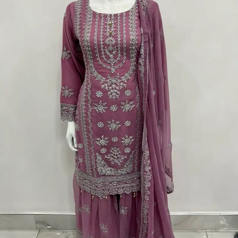 Sophie embroidered chiffon gharara suit Lilac