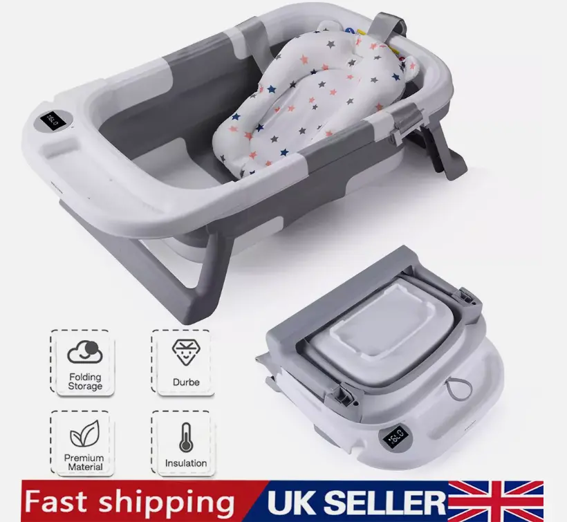 Foldable Baby Bath Tub Ergonomic with Temperature & Cushion Bath Pad + Bath Net
