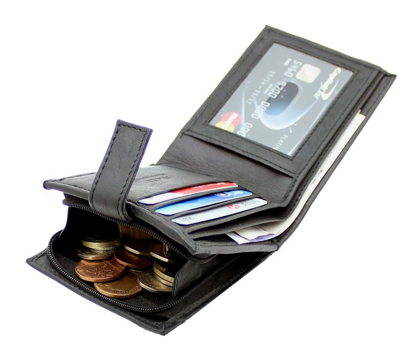 Mens Soft Real Leather Money Wallet RFID Protected Credit Card Holder, ID Window & Side Secured Zipped Coin Pocket 44 5