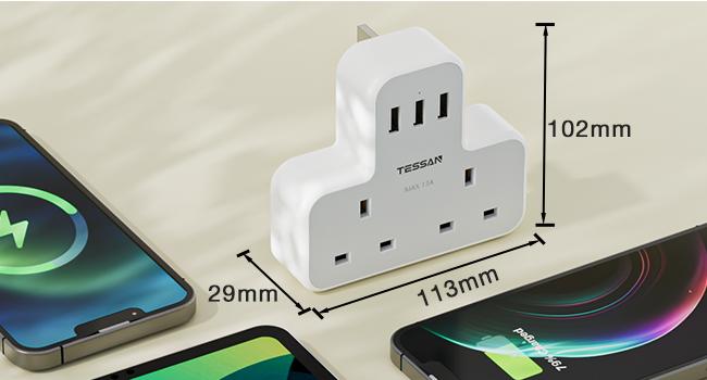 Product Introduction of Plug Adapter with 3 USB Plug, TESSAN Double Plug Adaptor Extension Plug, 2 Way Multi Plug Extension with USB Charger Plug, Slim Multiple Plug Socket UK for Kitchen, Office, School Supplies 3